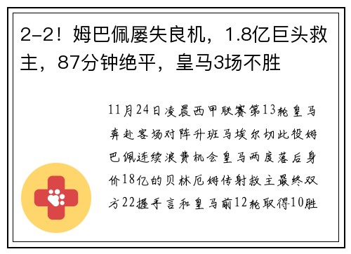 2-2！姆巴佩屡失良机，1.8亿巨头救主，87分钟绝平，皇马3场不胜